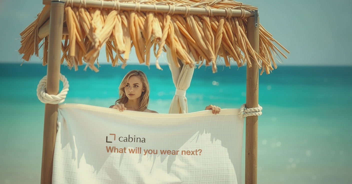 A young woman behind a beach cabana on the Mediterranean, holding a white linen towel printed with the Cabina logo and the tagline 'What will you wear next?'